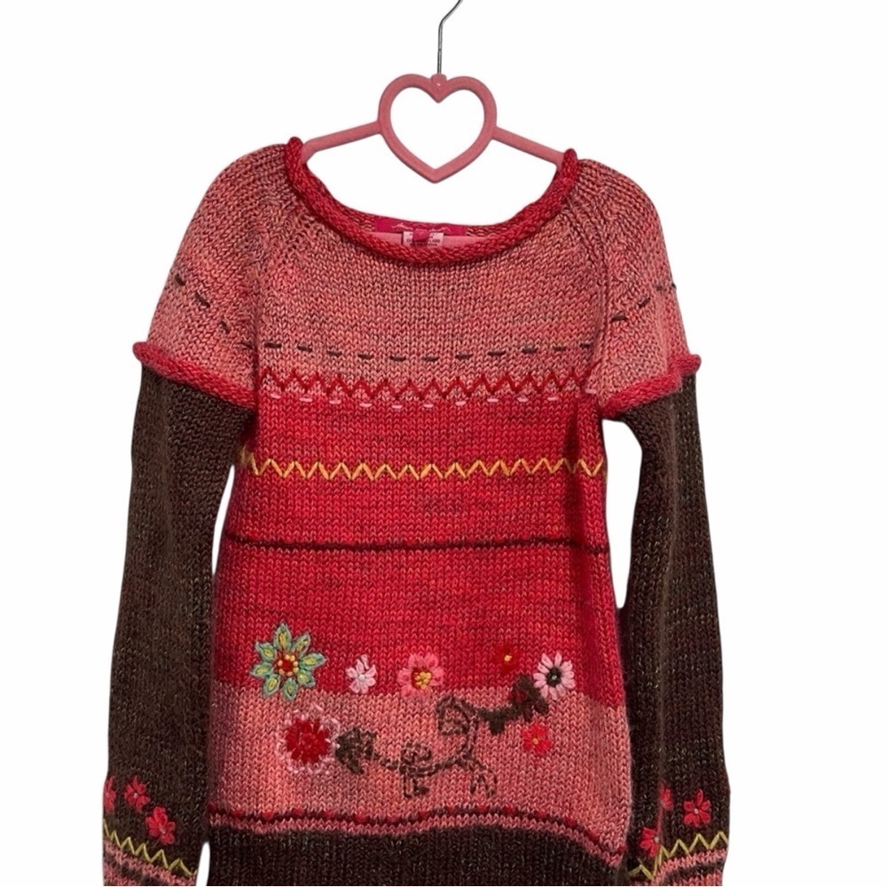 4/$20 Deux par Deux Pink and Brown Knitted Floral Sweater with Accents